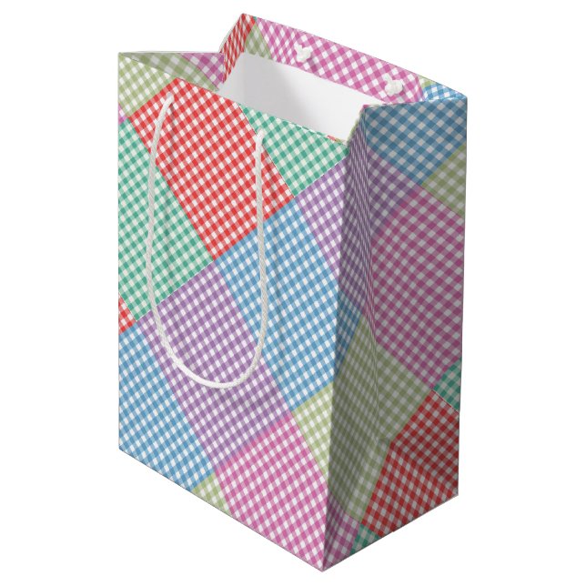 Angled Gingham Patchwork Medium Gift Bag (Back Angled)