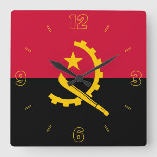 Angola Flag Red Black Yellow Numbers Patriotic Square Wall Clock