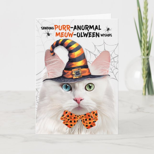 Angora Halloween Cat PURRanormal MEOWolween Holiday Card (Front)