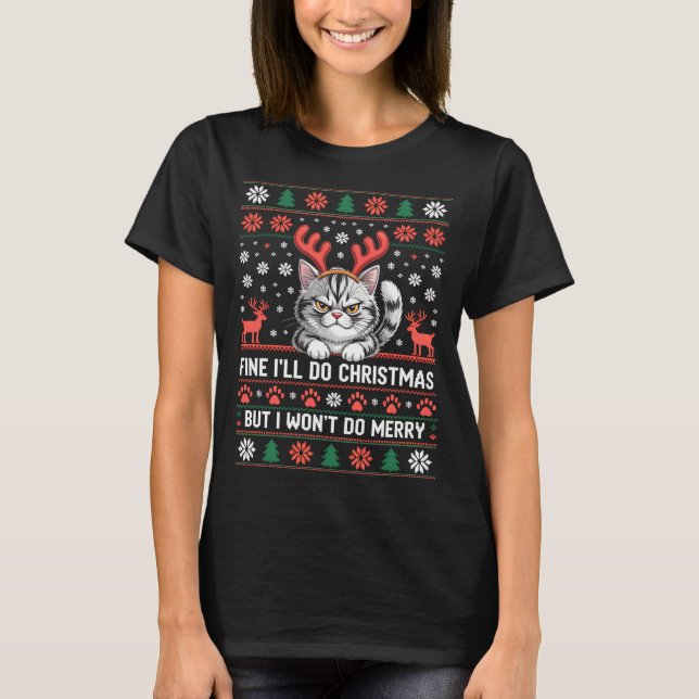 Angry Antler Cat Funny Xmas Ugly Sweater Long Slee (Front)