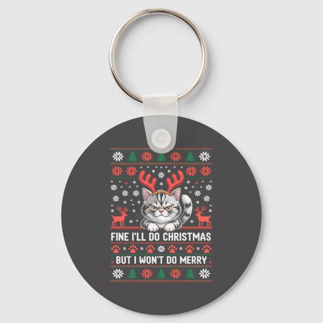 Angry Antler Cat Funny Xmas Ugly Sweater Long Slee Key Ring (Front)