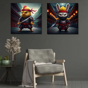 Angry Baby Chicken and Bunny Ninjas Print Set of 2