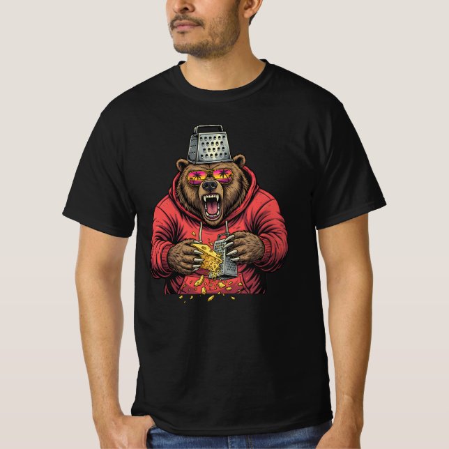 Angry Bear Grating Cheese with Cheese Grater Hat T-Shirt (Front)