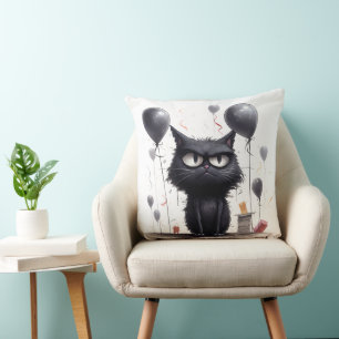 Angry Black Cat and Balloons Cushion