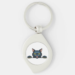 Angry black cat key ring