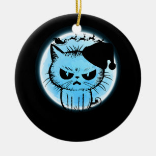 Angry Black Cat Merry Christmas Santa Hat Xmas Cat Ceramic Ornament