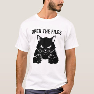 Angry Black Cat "OPEN THE FILES" Political Cartoon T-Shirt