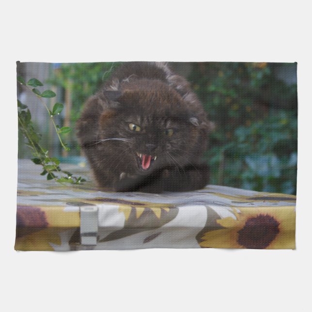 Angry Black Cat Tea Towel (Horizontal)