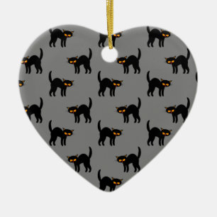 Angry Black Cat Yellow Eyes Grey Halloween Gifts Ceramic Ornament