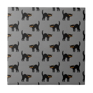 Angry Black Cat Yellow Eyes Grey Halloween Gifts Ceramic Tile