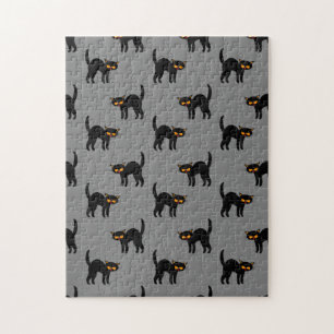 Angry Black Cat Yellow Eyes Grey Halloween Gifts Jigsaw Puzzle