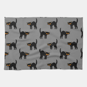 Angry Black Cat Yellow Eyes Grey Halloween Gifts Tea Towel