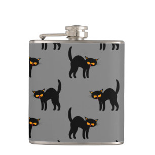 Angry Black Cat Yellow Eyes Grey Halloween Hip Flask
