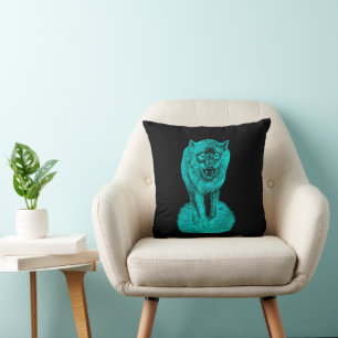 Angry Black Wolf in the Night Cushion