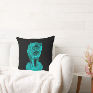 Angry Black Wolf in the Night Cushion