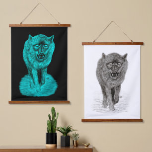 Angry Black Wolf in the Night Hanging Tapestry