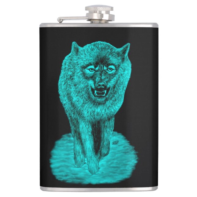 Angry Black Wolf in the Night Hip Flask (Front)