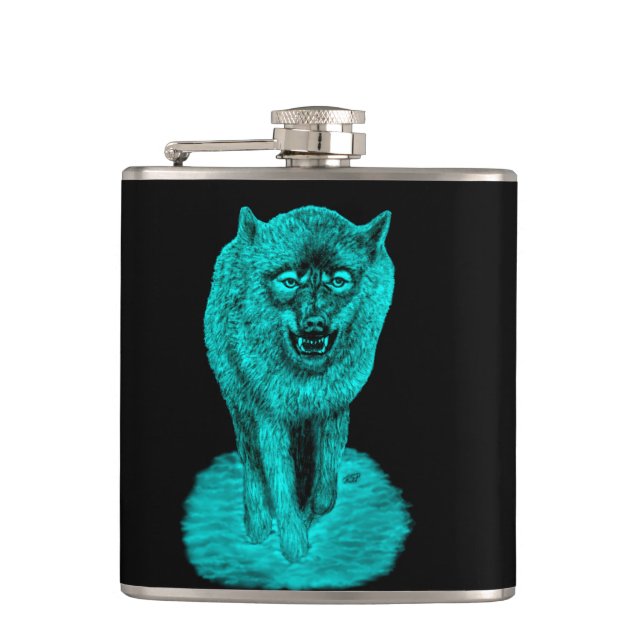Angry Black Wolf in the Night Hip Flask (Front)