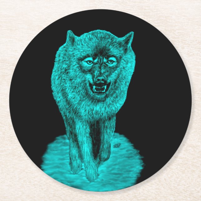 Angry Black Wolf in the Night Round Paper Coaster (Front)