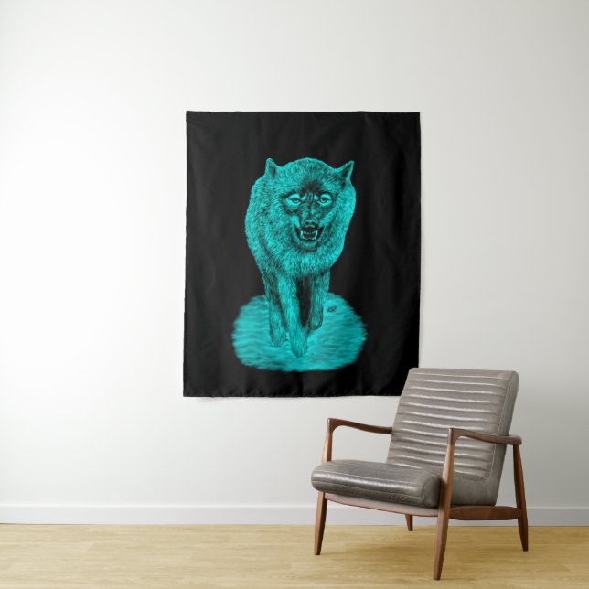 Angry Black Wolf in the Night Tapestry (In Situ)