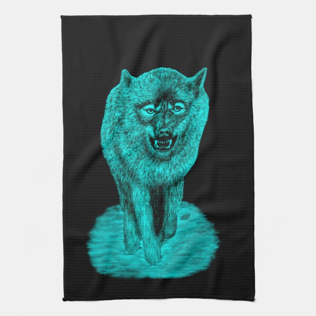 Angry Black Wolf in the Night Tea Towel (Vertical)