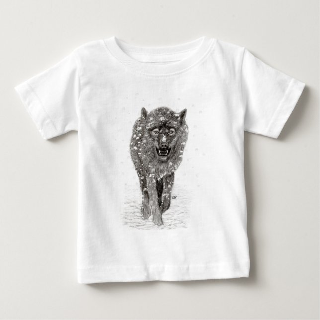 Angry Black Wolf in the Snow , wild Winter Baby T-Shirt (Front)