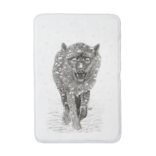 Angry Black Wolf in the Snow , wild Winter Bath Mat