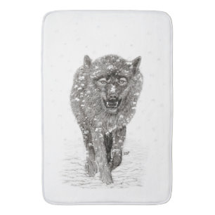 Angry Black Wolf in the Snow , wild Winter Bath Mat