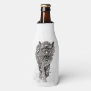 Angry Black Wolf in the Snow , wild Winter Bottle Cooler