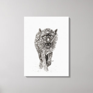 Angry Black Wolf in the Snow , wild Winter Canvas Print