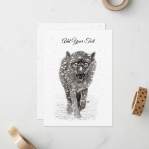 Angry Black Wolf in the Snow , wild Winter Card