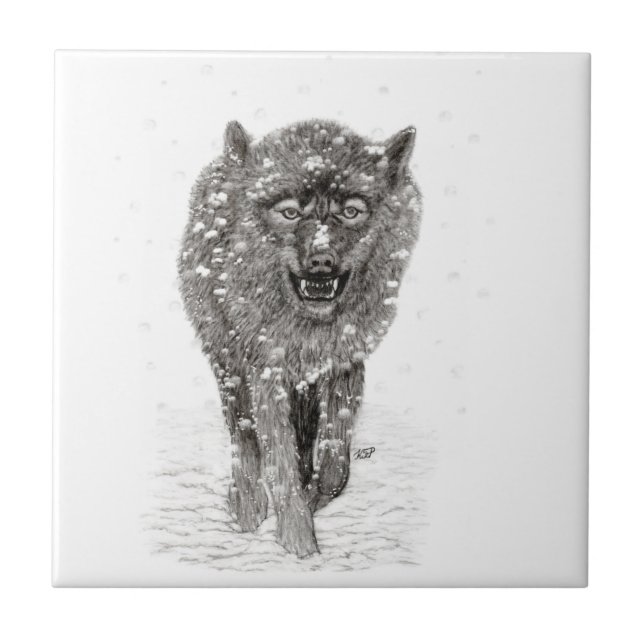 Angry Black Wolf in the Snow , wild Winter Ceramic Tile (Front)