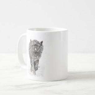 Angry Black Wolf in the Snow , wild Winter Coffee Mug