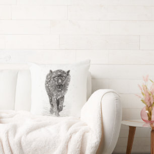 Angry Black Wolf in the Snow , wild Winter Cushion