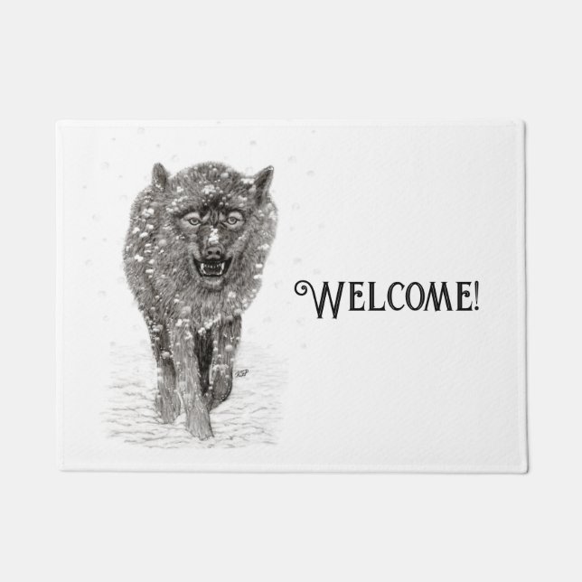 Angry Black Wolf in the Snow , wild Winter Doormat (Front)
