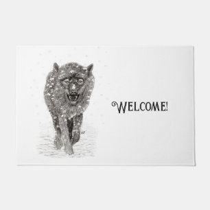Angry Black Wolf in the Snow , wild Winter Doormat