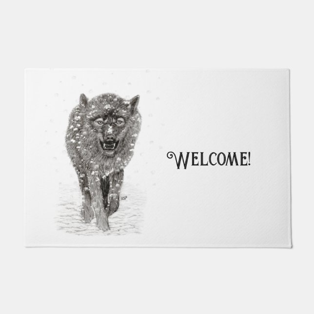 Angry Black Wolf in the Snow , wild Winter Doormat (Front)