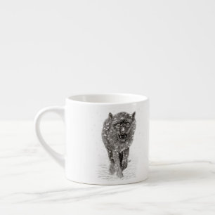 Angry Black Wolf in the Snow , wild Winter Espresso Cup