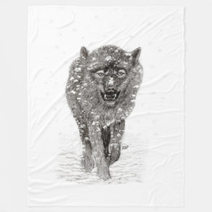 Angry Black Wolf in the Snow , wild Winter Fleece Blanket