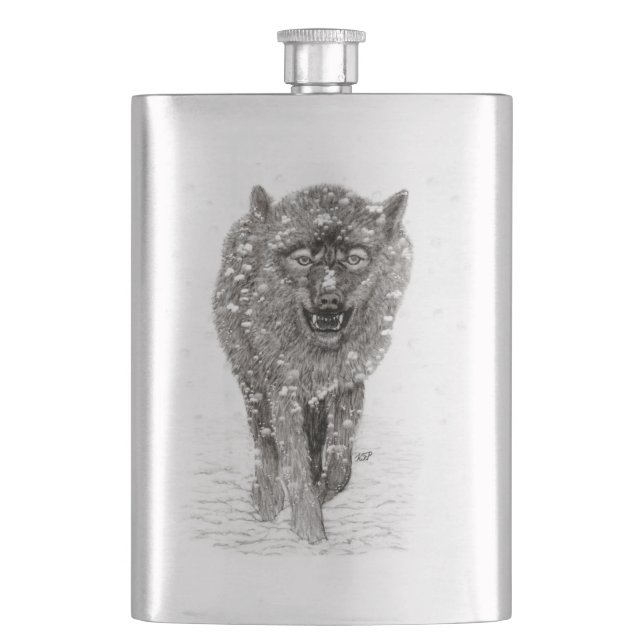 Angry Black Wolf in the Snow , wild Winter Hip Flask (Front)