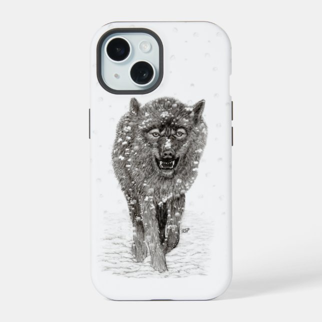 Angry Black Wolf in the Snow , wild Winter iPhone 15 Case (Back)