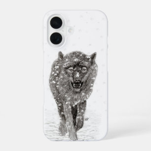 Angry Black Wolf in the Snow , wild Winter iPhone 16 Case