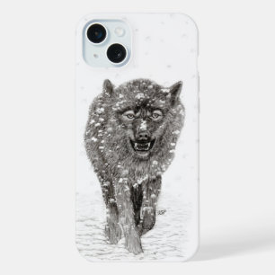 Angry Black Wolf in the Snow , wild Winter iPhone 15 Plus Case