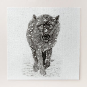 Angry Black Wolf in the Snow , wild Winter Jigsaw Puzzle