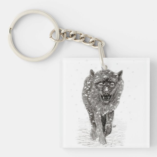 Angry Black Wolf in the Snow , wild Winter Key Ring (Front)