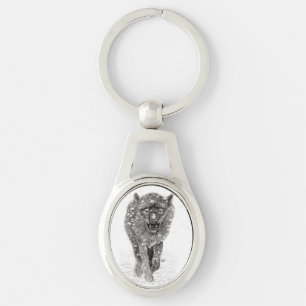 Angry Black Wolf in the Snow , wild Winter Key Ring