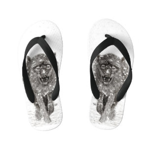 Angry Black Wolf in the Snow , wild Winter Kid's Thongs