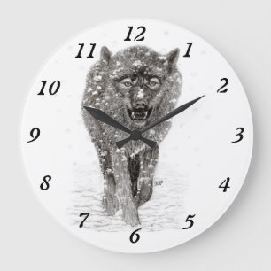Angry Black Wolf in the Snow , wild Winter Large Clock