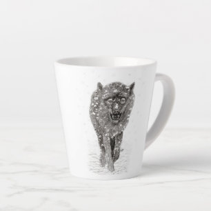 Angry Black Wolf in the Snow , wild Winter Latte Mug