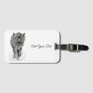 Angry Black Wolf in the Snow , wild Winter Luggage Tag
